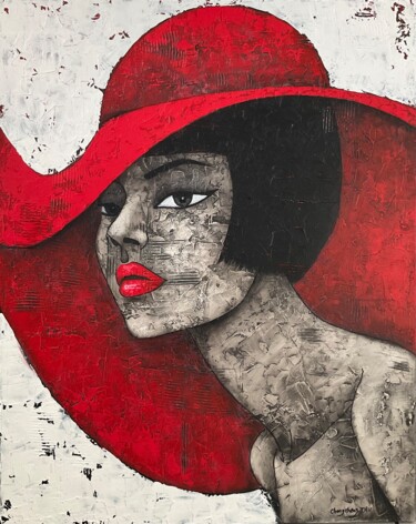 Painting titled "Grand chapeau rouge" by Changzheng Zhu, Original Artwork, Acrylic Mounted on Wood Stretcher frame