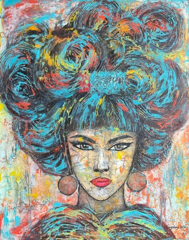 Painting titled "Jeune Geisha" by Changzheng Zhu, Original Artwork, Acrylic Mounted on Wood Stretcher frame