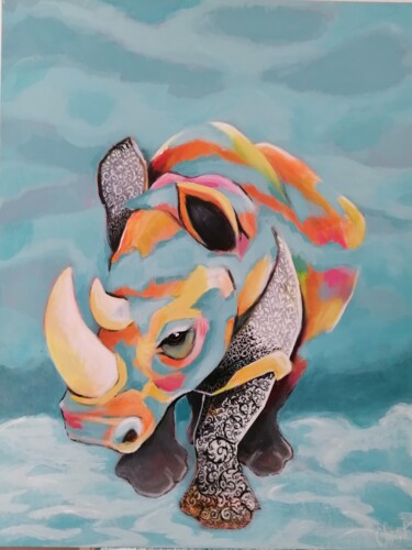Painting titled "Rhinocéros en dente…" by Chant, Original Artwork, Acrylic