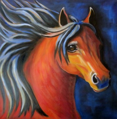 Painting titled "Cheval bai" by Chant, Original Artwork, Oil Mounted on Wood Stretcher frame