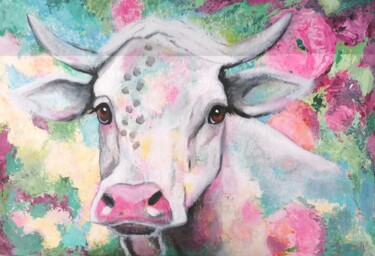 Peinture intitulée "Vache en fleurs" par Chant, Œuvre d'art originale, Acrylique