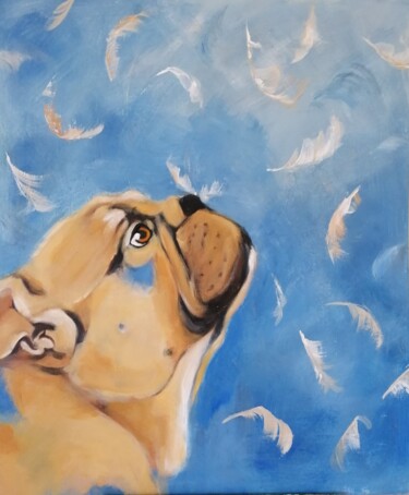 Pintura intitulada "Bouledogue et plume…" por Chant, Obras de arte originais, Acrílico