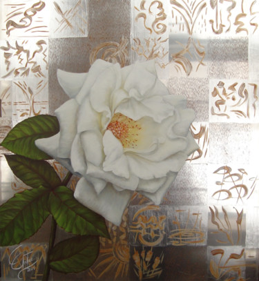 Painting titled "Rose blanche" by Chantal Cloutier, Original Artwork, Oil