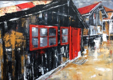 Painting titled "Cabane noire" by Chantal Derrien, Original Artwork, Acrylic Mounted on Wood Stretcher frame