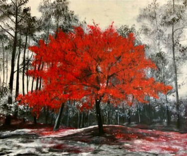 Картина под названием "L’arbre rouge" - Chantal Derrien, Подлинное произведение искусства, Акрил