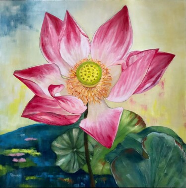 Картина под названием "Lotus rose" - Chantal Derrien, Подлинное произведение искусства, Акрил
