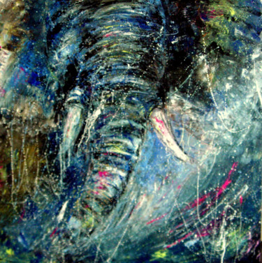 Peinture intitulée "Elephant au fil de…" par Chantal Eymes, Œuvre d'art originale, Huile