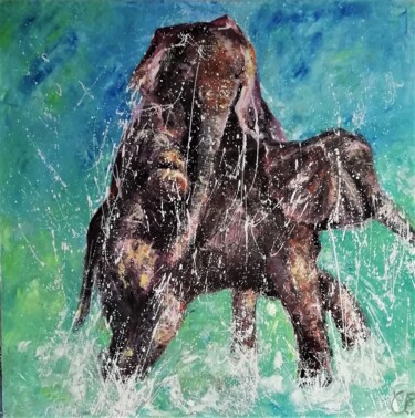 Painting titled "ELEPHANTEAUX" by Chantal Eymes, Original Artwork, Oil Mounted on Wood Stretcher frame