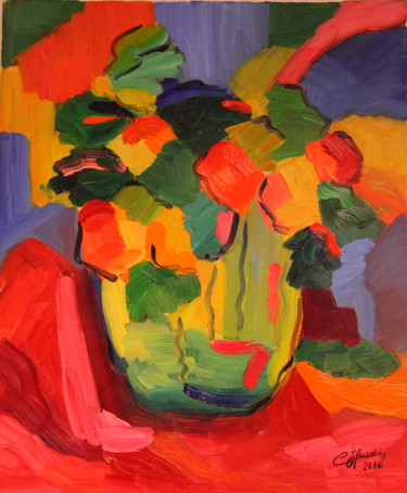 Painting titled "Pot vert sur nappe…" by Chantal Heudier, Original Artwork