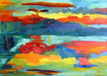 Pintura titulada "Coucher de soleil s…" por Chantal Heudier, Obra de arte original, Oleo Montado en Bastidor de camilla de m…