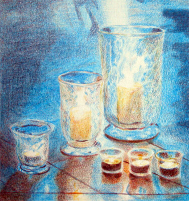 Tekening getiteld "Lumières" door Chantal Macé, Origineel Kunstwerk, Potlood Gemonteerd op Glas
