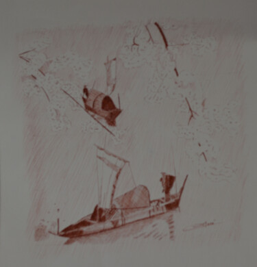 Tekening getiteld "Jonques sur un lac…" door Chantal Macé, Origineel Kunstwerk, pigmenten Gemonteerd op Andere stijve panelen