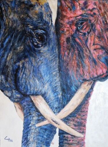 Painting titled "DEUX ELEPHANTS" by Chantal Martin (chm), Original Artwork, Acrylic Mounted on Wood Stretcher frame