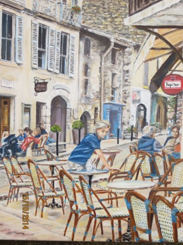 Painting titled "EN TERRASSE A LOURM…" by Chantal Martin (chm), Original Artwork, Oil Mounted on Wood Stretcher frame
