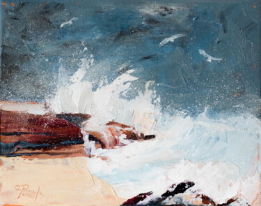 Painting titled "La mer s'agite" by Chantal Proulx, Original Artwork, Oil Mounted on Wood Stretcher frame