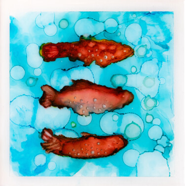 Painting titled "Trois poissons" by Chantal Proulx, Original Artwork, Ink Mounted on Wood Stretcher frame