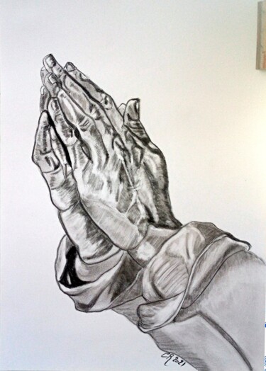 Dibujo titulada "La prière" por Chantal Rousseau, Obra de arte original, Carbón