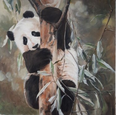 Painting titled "Panda en forêt" by Chantal Signorini (C.Signorini), Original Artwork, Oil