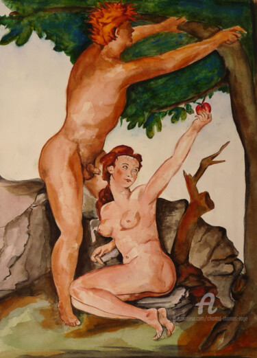 Painting titled "Adam et Eve" by Chantal Thomas Rogé, Original Artwork, Watercolor