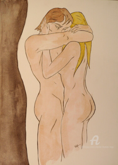 Painting titled "Couple d'amoureux" by Chantal Thomas Rogé, Original Artwork, Watercolor