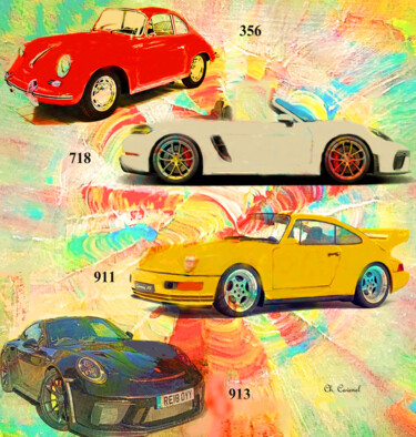 纺织艺术 标题为“Foulard Porsches” 由Chantal Cavenel, 原创艺术品, 布