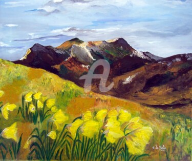 Painting titled "Paysage d'Auvergne" by Chantal Le Mesle, Original Artwork, Acrylic Mounted on Wood Stretcher frame