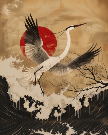 Arte digitale intitolato "Japandi Crane digit…" da Chantasia Art, Opera d'arte originale, Immagine generata dall'IA
