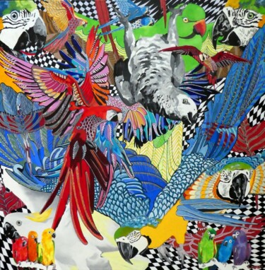 Painting titled "HAPPY PARROTS" by Chap, Original Artwork, Acrylic