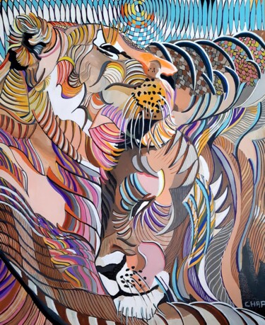 Painting titled "Couple de Lions" by Chap, Original Artwork, Acrylic Mounted on Wood Stretcher frame