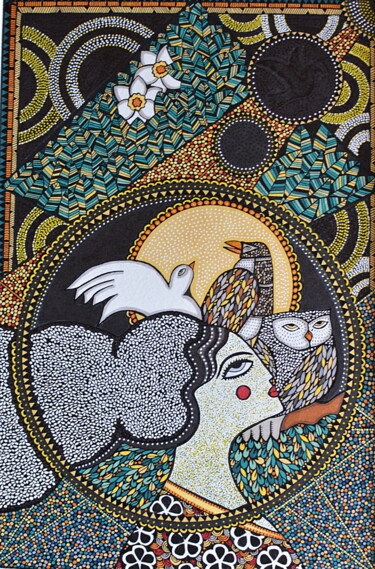 Disegno intitolato "Lady and birds" da Emilie Chaplain, Opera d'arte originale, Inchiostro