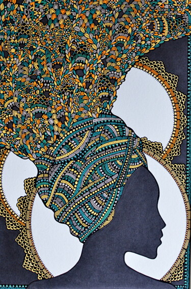 Dessin intitulée "Femme au turban II" par Emilie Chaplain, Œuvre d'art originale, Encre