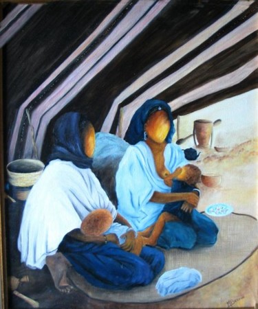 Schilderij getiteld "campement touareg" door Martine Bécuwe, Origineel Kunstwerk, Olie