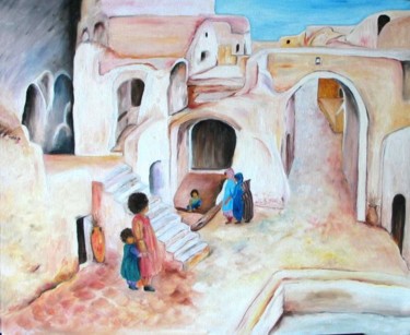 Painting titled "village sud marocain" by Martine Bécuwe, Original Artwork, Oil