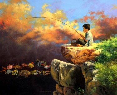 Painting titled "Partie de pêche" by Abdelaziz Charkaoui, Original Artwork