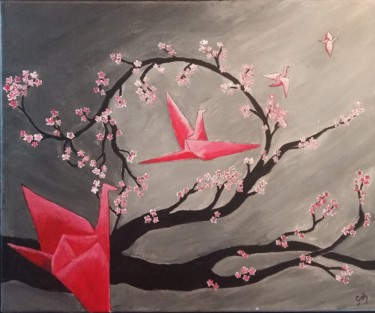 Painting titled "L'envol des grues d…" by Goth, Original Artwork, Acrylic