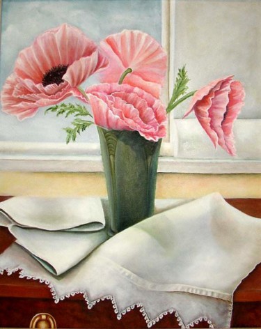 Painting titled "Pink Poppies" by Charlene Wooden, Original Artwork, Oil