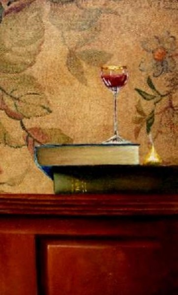 Painting titled "Books, Sherry w/kiss" by Charlene Wooden, Original Artwork, Oil