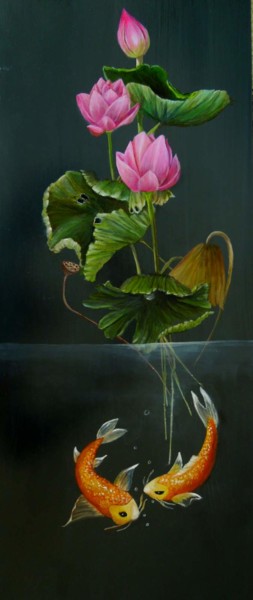 Pintura titulada "Lotus and Koi" por Charlene Wooden, Obra de arte original, Oleo
