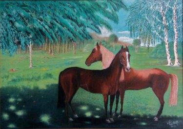 Painting titled "Chevaux à l'ombre" by Charles Corbin, Original Artwork, Oil