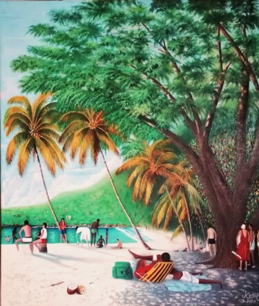 Painting titled "La plage de grande…" by Charles Corbin, Original Artwork, Oil Mounted on Wood Stretcher frame
