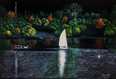 Painting titled "Plan d'eau au parc…" by Charles Corbin, Original Artwork, Oil