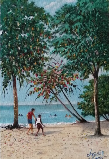 Painting titled "La plage à 8h00 du…" by Charles Corbin, Original Artwork, Oil Mounted on Wood Panel