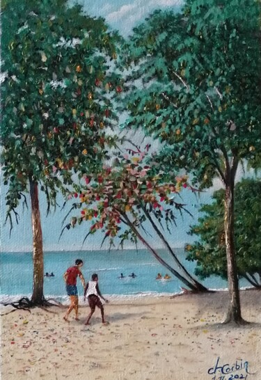 Schilderij getiteld "La plage à 8h00 du…" door Charles Corbin, Origineel Kunstwerk, Olie Gemonteerd op Houten paneel