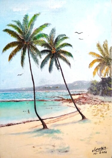 Painting titled "La plage aux algues…" by Charles Corbin, Original Artwork, Oil