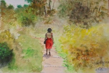 Peinture intitulée "A la campagne" par Charles Corbin, Œuvre d'art originale, Aquarelle