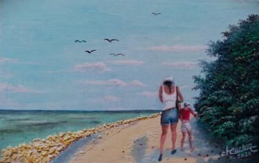 Painting titled "Vacanciers" by Charles Corbin, Original Artwork, Oil Mounted on Cardboard