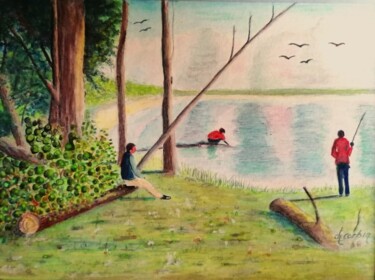 Peinture intitulée "La pêche à la ligne" par Charles Corbin, Œuvre d'art originale, Aquarelle