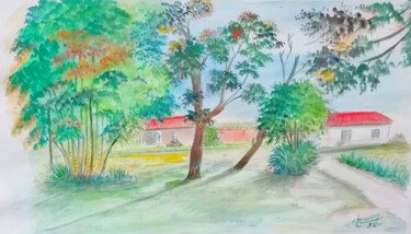 Peinture intitulée "Maisons en rase cam…" par Charles Corbin, Œuvre d'art originale, Aquarelle