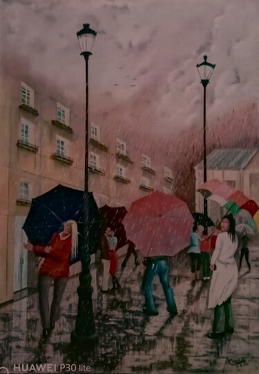 Malerei mit dem Titel "Il pleut sur la vil…" von Charles Corbin, Original-Kunstwerk, Öl