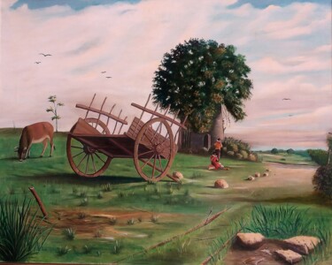 Painting titled "La charrette à la f…" by Charles Corbin, Original Artwork, Oil